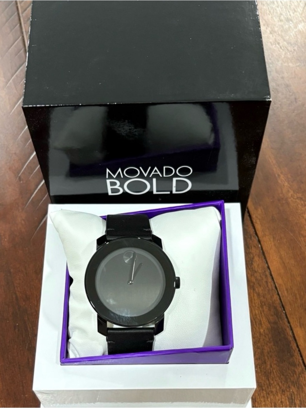 Movado Bold Men's Black Watch with Purple Accent Box